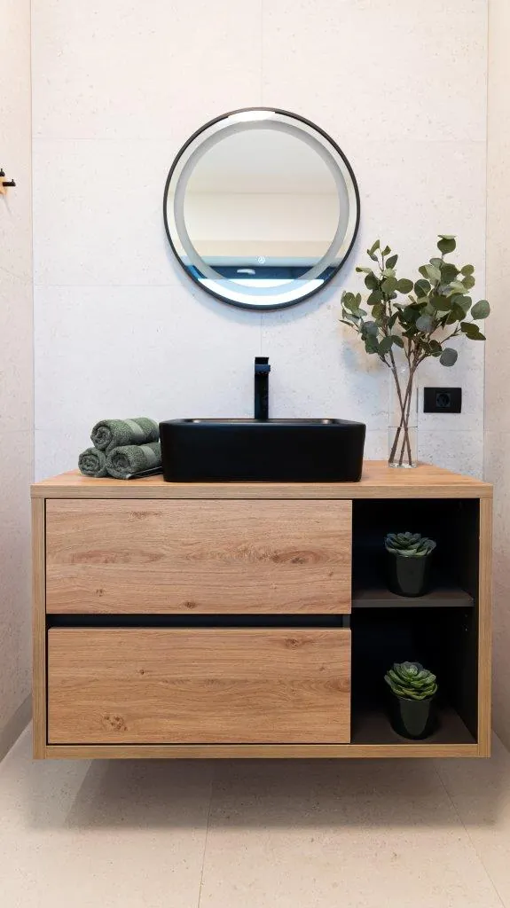 Mobilier de baie din stejar cu lavoar negru și oglindă rotundă